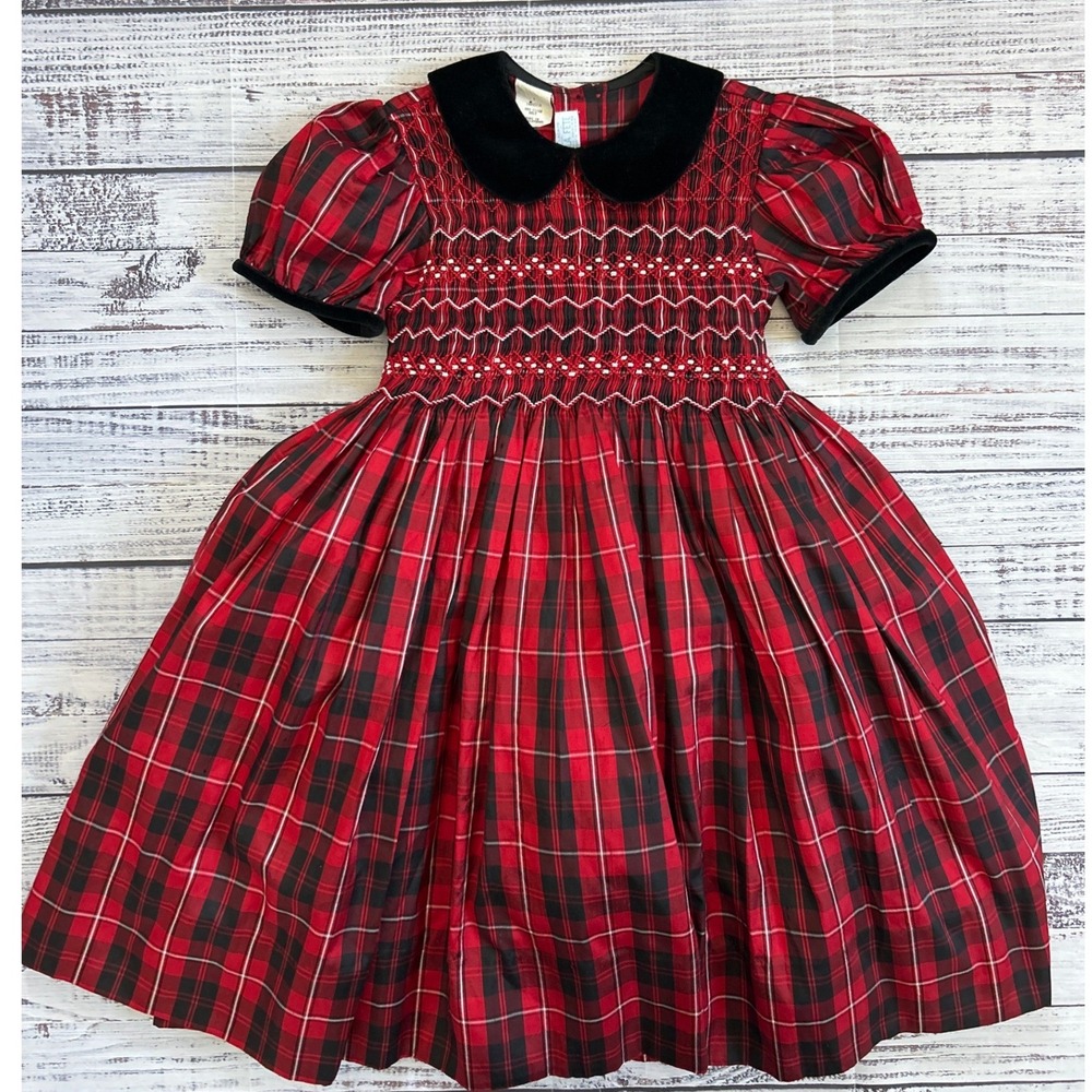VTG Vive La Fete Girls Red Black Tartan Plaid Silk Smocked Velvet Holiday Dress‎